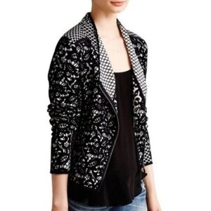 Moth Anthropologie Black & White Soft Knit Lace Print Asymmetric Jacket Sweater